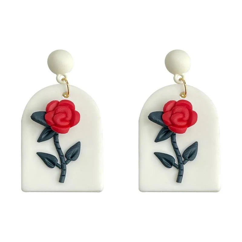 Handmade Polymer Clay Rose Flower Drop Earrings, Sweet Summer Vacation Style Jewelry