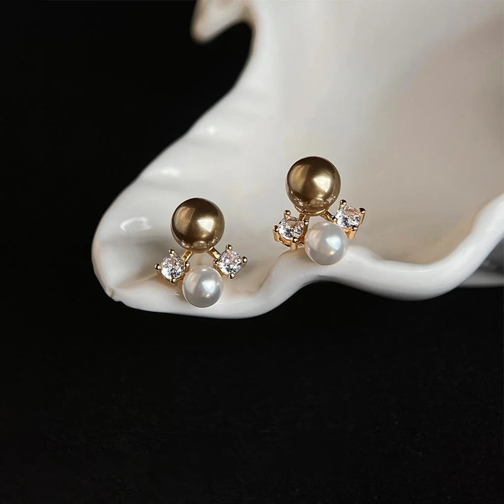 14K Plated Copper Coffee Pearl Zircon Micro Pave Maillard Style Stud Earrings