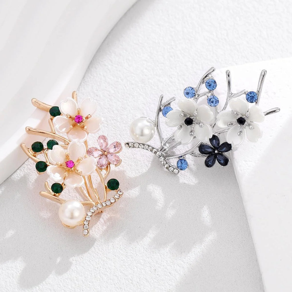 Elegant Pearl Peach Blossom Branch Brooch With Rhinestone Alloy Lapel Pin Corsage Suit Accessory Gift
