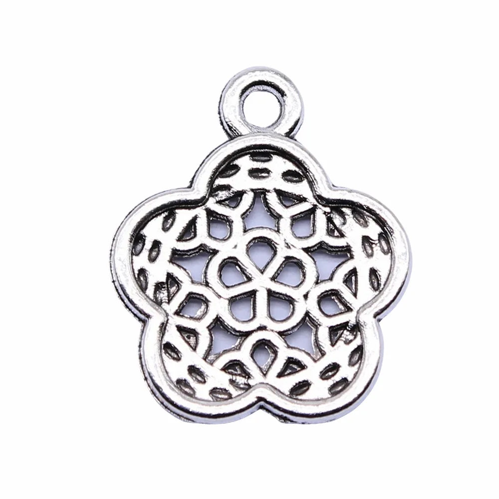 16x19mm 1g Antique Silver Zinc Alloy Hollow Flower Charm Pendant for DIY Jewelry Making