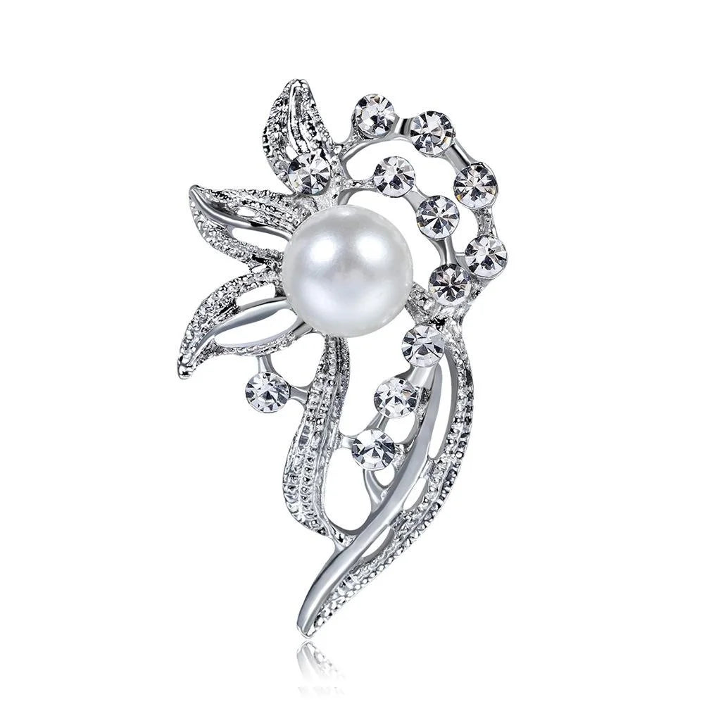 Elegant Pearl Rhinestone Leaf Brooch For Women, Silver Alloy Lapel Pin Corsage Suit Accessory Gift