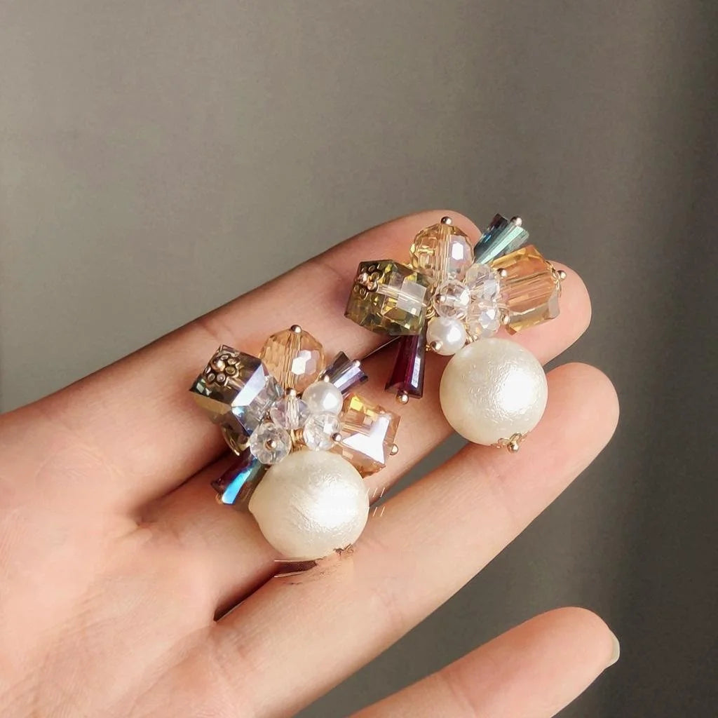 French Vintage Floral Pearl Crystal Stud Earrings, Handmade Silver-Plated Statement Jewelry