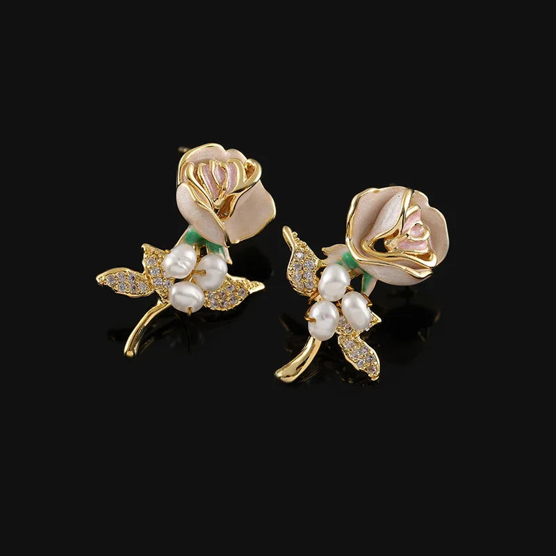 Vintage Elegant Luxury Enamel Rose Flower Pearl Rhinestone Stud & Clip On No Piercing Earrings