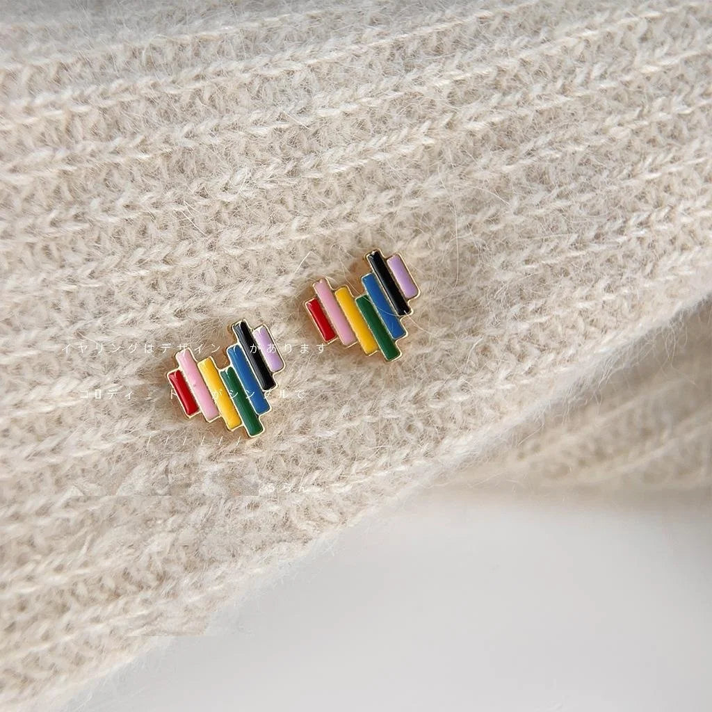 14K Gold Plated Copper Rainbow Heart Stud Earrings Sweet Mini Enamel Spring Jewelry