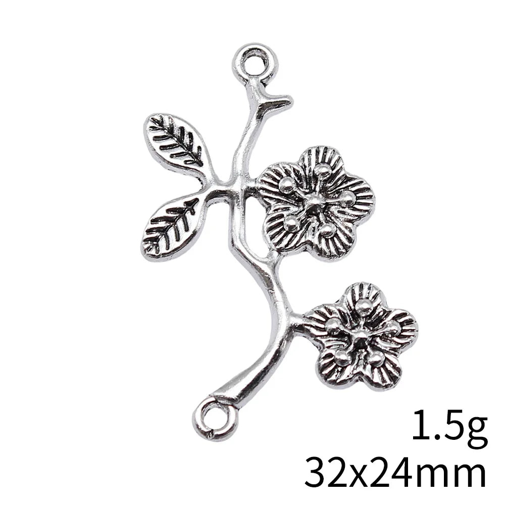 32x24mm 1.5g Antique Silver Zinc Alloy Flower Branch Pendant Connector Charm for DIY Jewelry Making