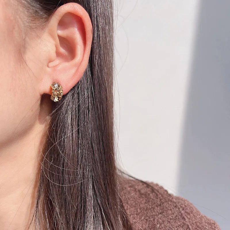 Luxury Coffee Brown Rhinestone C-Shaped Hoop Stud & Clip On No Piercing Elegant Crystal Earrings