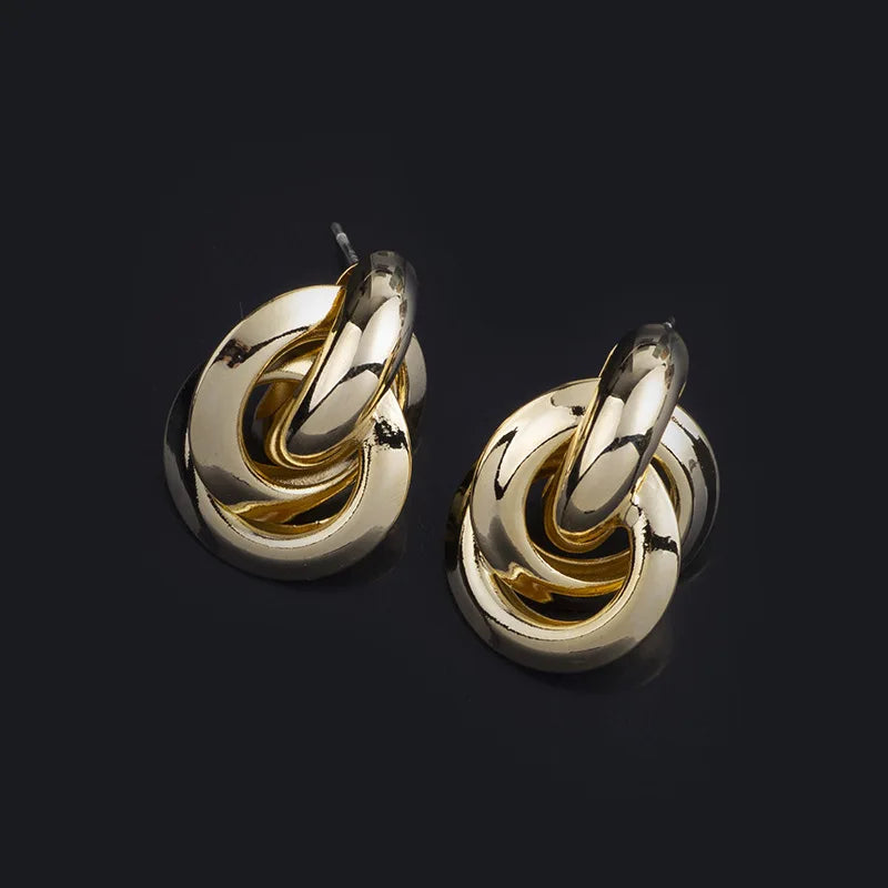 Vintage Gold Alloy Spiral Disc Hoop Stud & Clip On No Piercing Minimalist Statement Drop Earrings