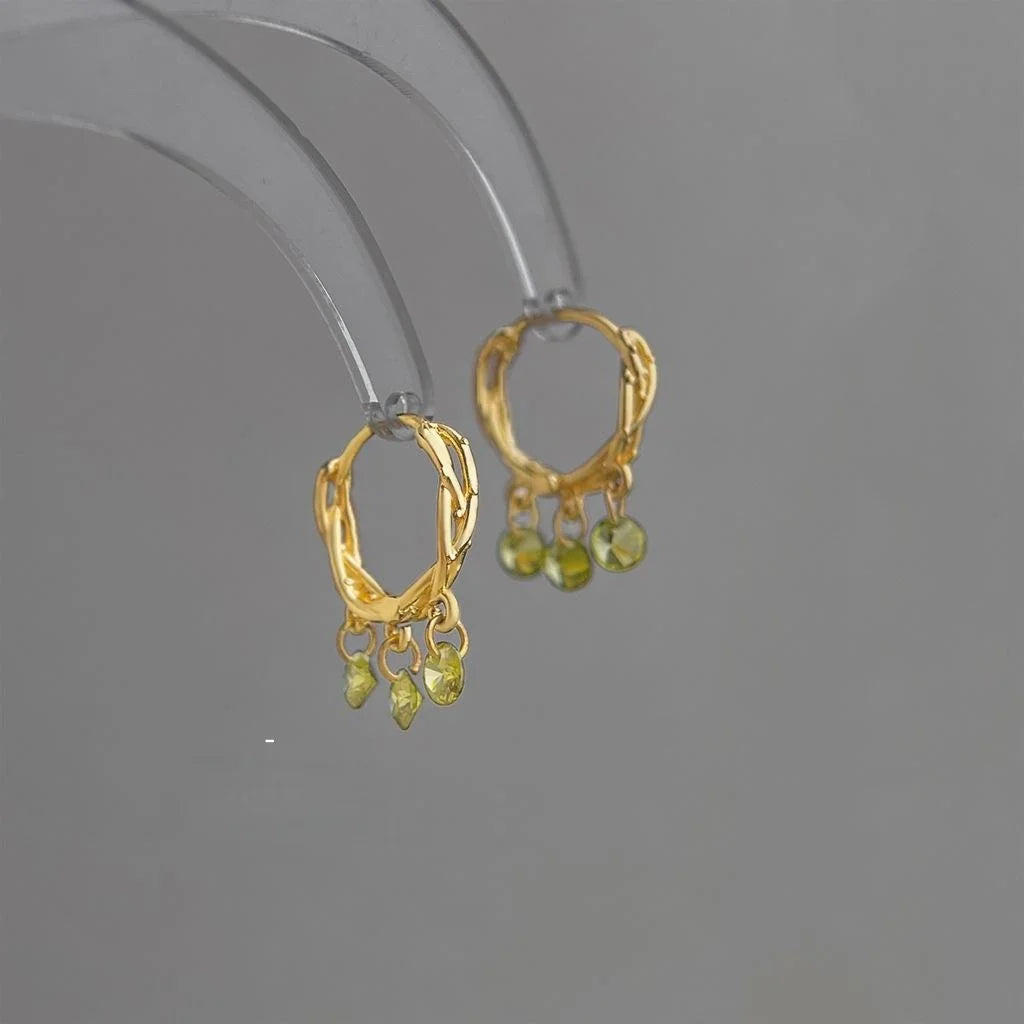 Olive Green Zircon Geometric Round Tassel Drop Earrings Light Luxury Minimalist Jewelry For Women