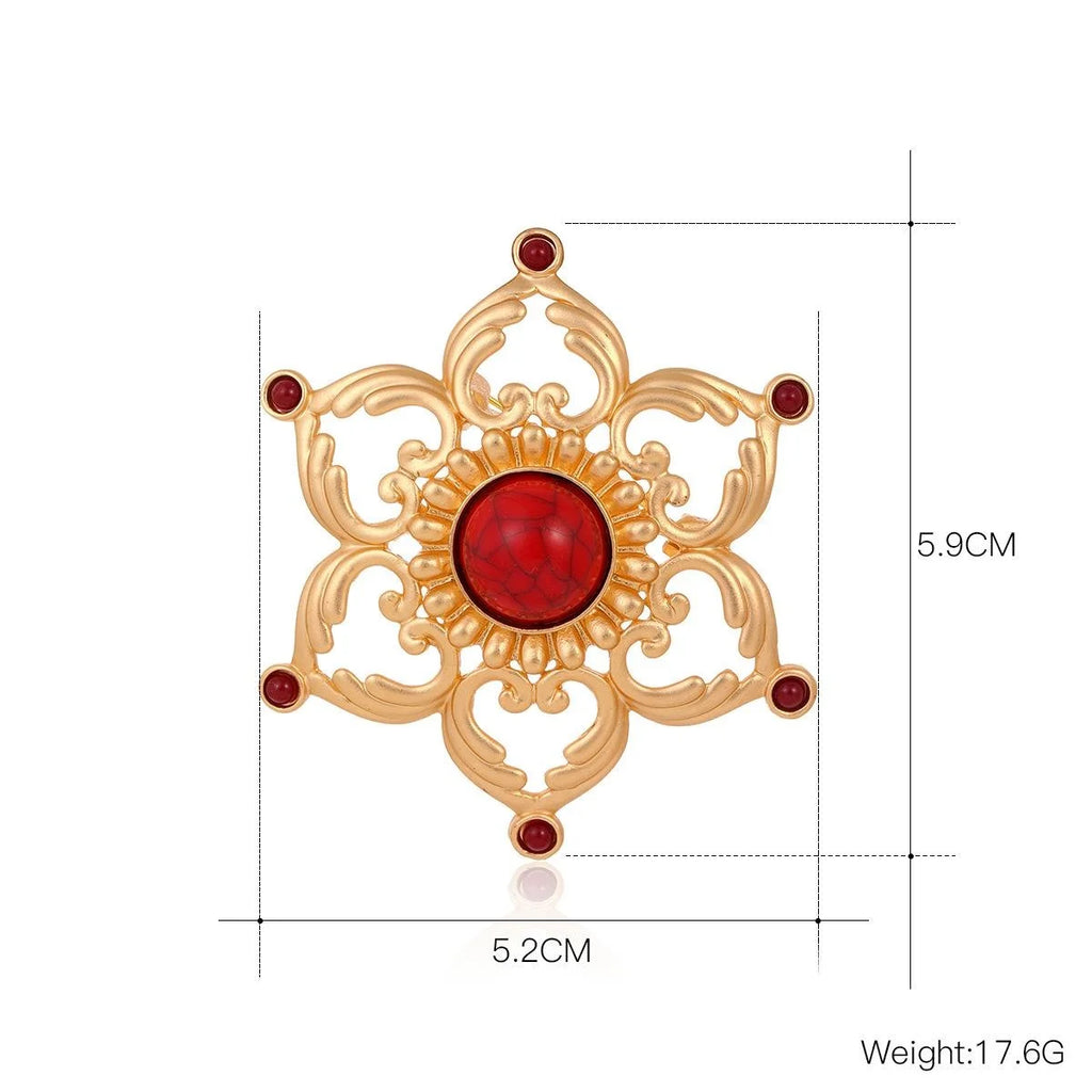 Vintage Hollow Heart Lotus Copper Brooch With Red Rhinestone, Matte Gold Floral Lapel Pin Suit Accessory