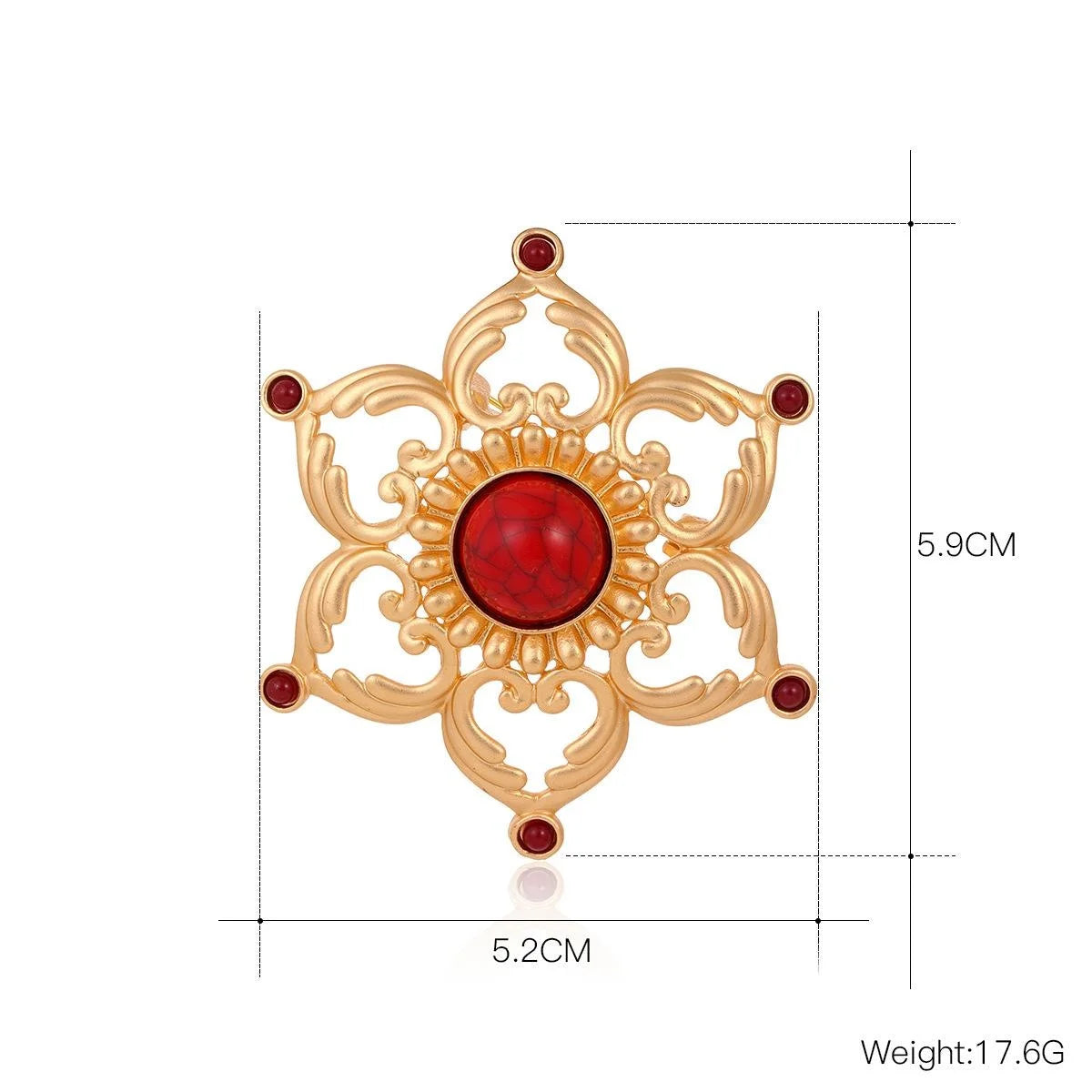 Vintage Hollow Heart Lotus Copper Brooch With Red Rhinestone, Matte Gold Floral Lapel Pin Suit Accessory