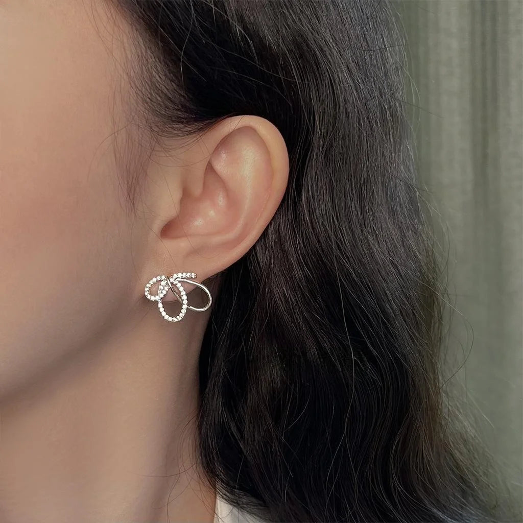 Original Designer Sweet Bowknot Hollow Zircon Copper Stud Earrings With Silver Plated Pins