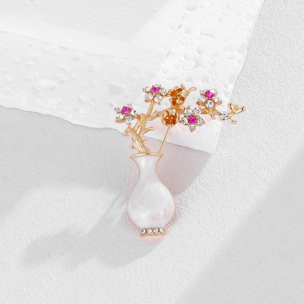 Vintage Plum Blossom Vase Brooch With Rhinestone And Mother Of Pearl, Elegant Floral Lapel Pin Gift