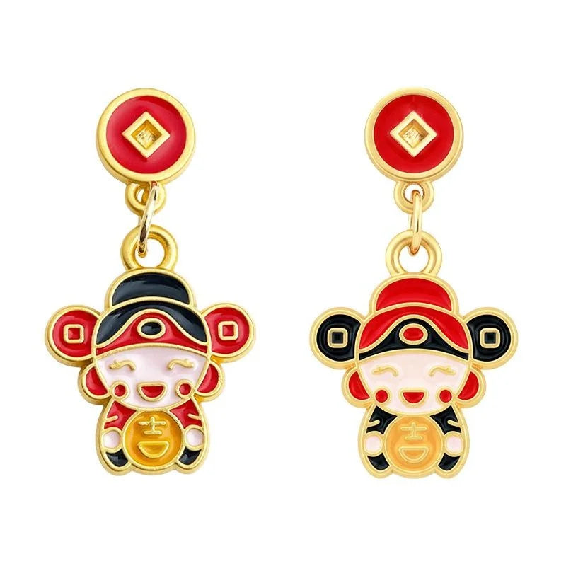 Asymmetric Hand Painted Enamel Copper God Of Wealth Doll Drop Earrings Chinese Ethnic Style