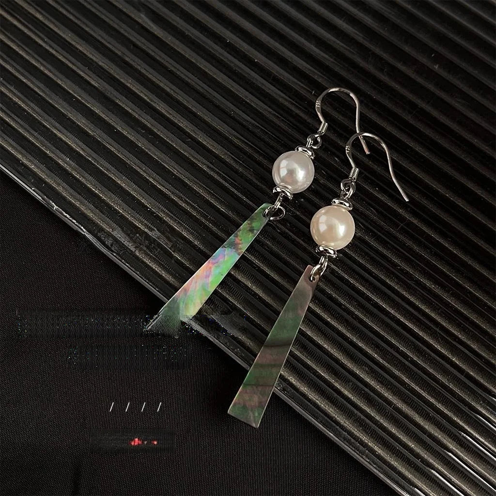 New Chinese Style Abalone Shell Pearl Tassel Drop Earrings, Silver Plated Copper Geometric Jewelry