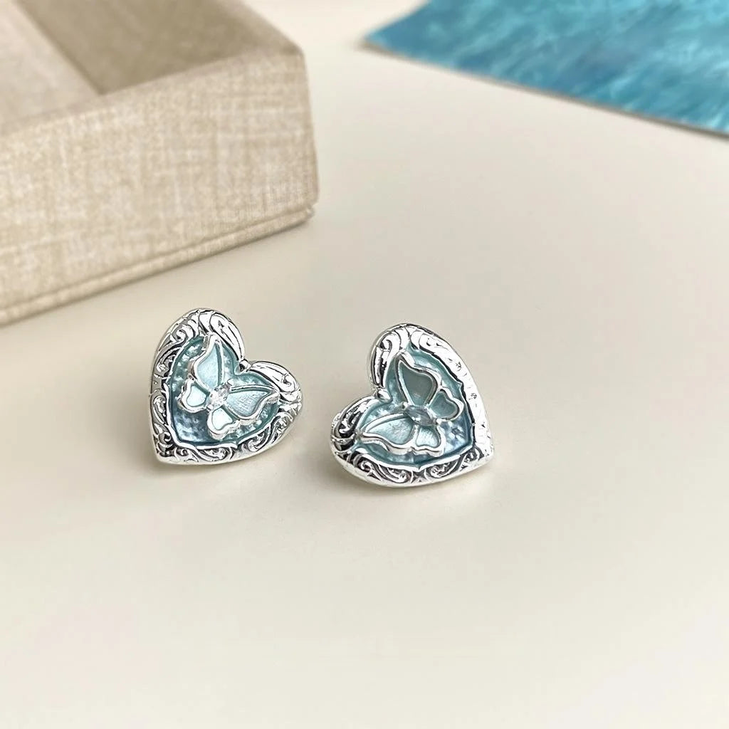 Elegant Blue Heart Butterfly Copper Stud Earrings With Silver Plated Posts