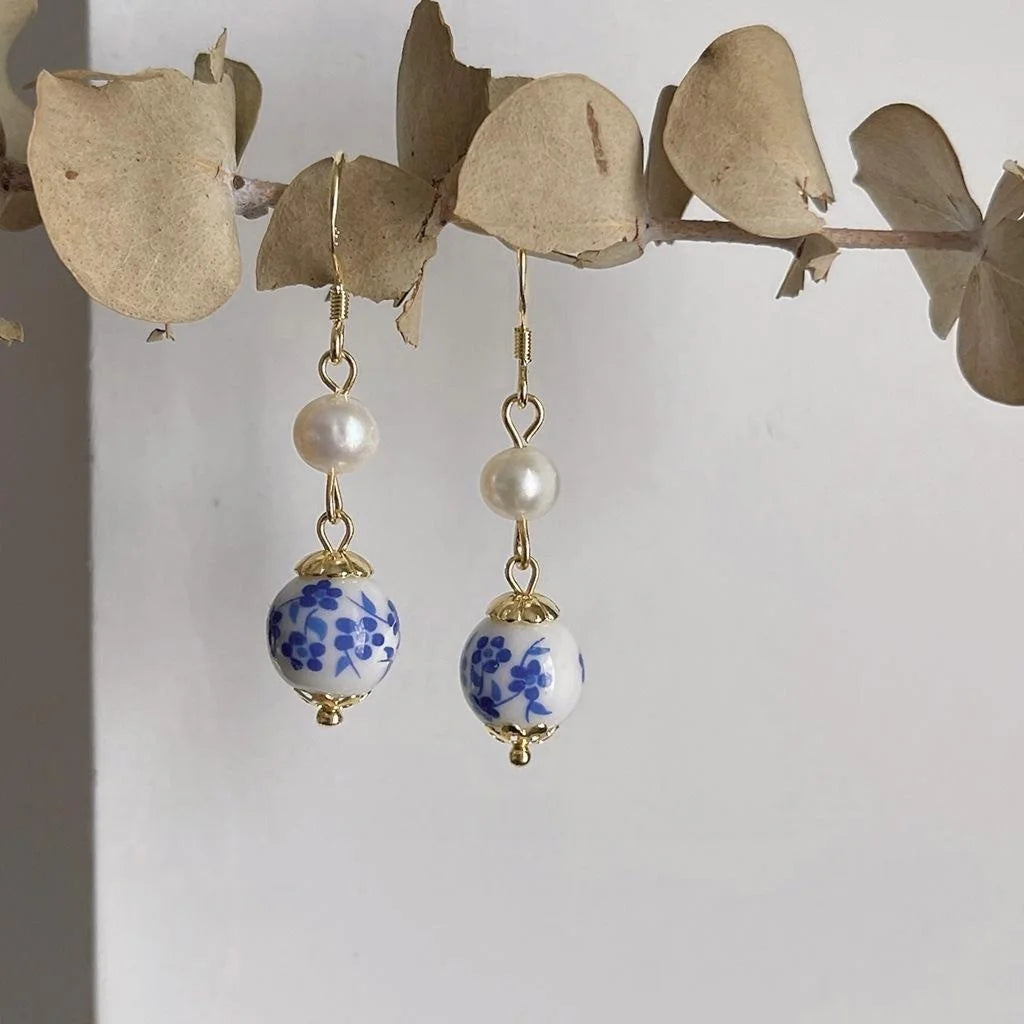 Vintage Chinese Style Ceramic Blue And White Pearl Waterdrop Drop Earrings With Silver Plated Pins