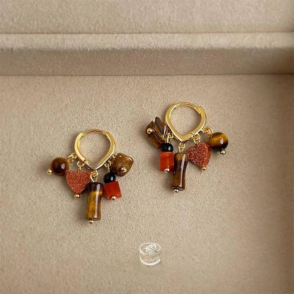 Vintage Ethnic Tiger Eye Agate Heart Tassel Drop Earrings With Copper