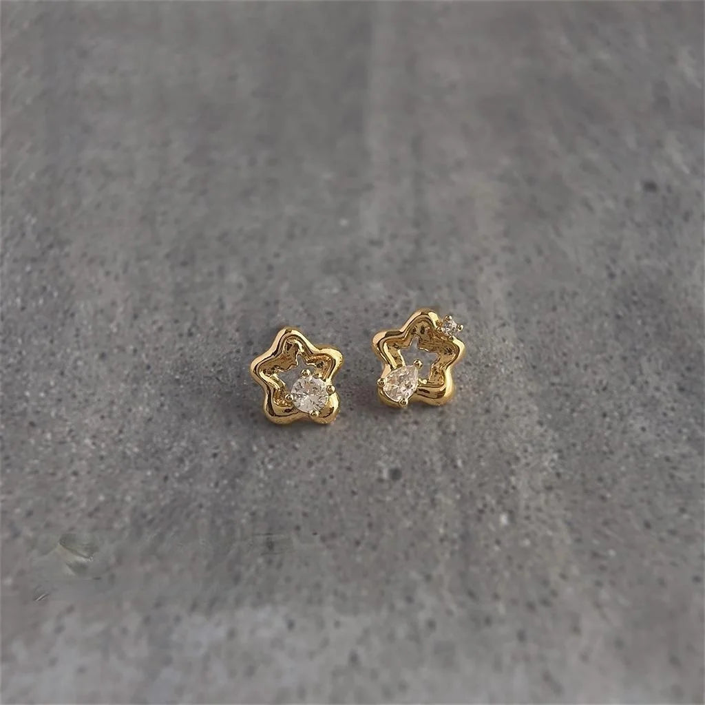 Light Luxury Micro Pave Zircon Mini Hollow Flower Copper Stud Earrings