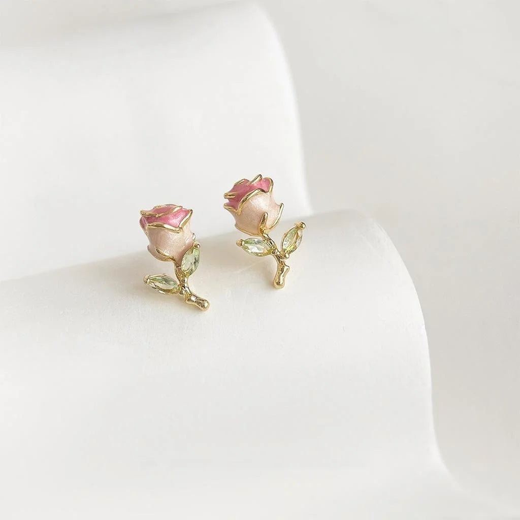 Sweet Fresh Silver Plated Copper Enamel Tulip Flower Micro Pave Zircon Stud Earrings