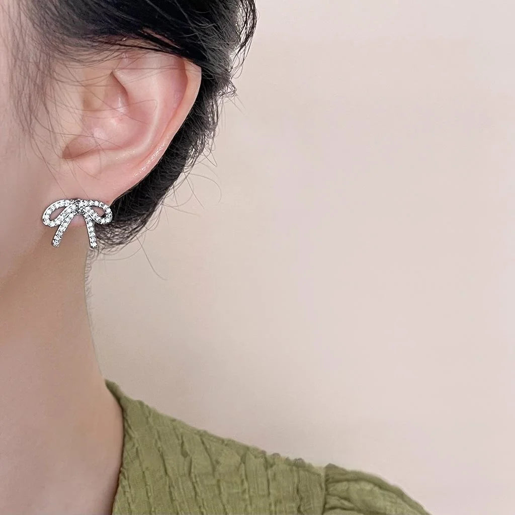 Micro Pave Zircon Copper Bow Knot Stud Earrings Sweet Minimalist Ribbon Commuter Jewelry