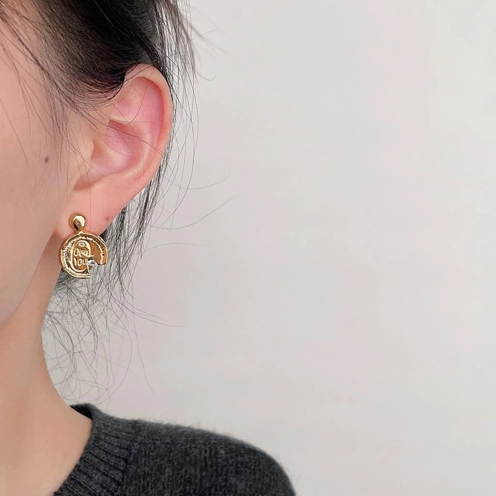 Vintage French Copper Coin Drop Earrings With Micro Pave Zircon Letter Design