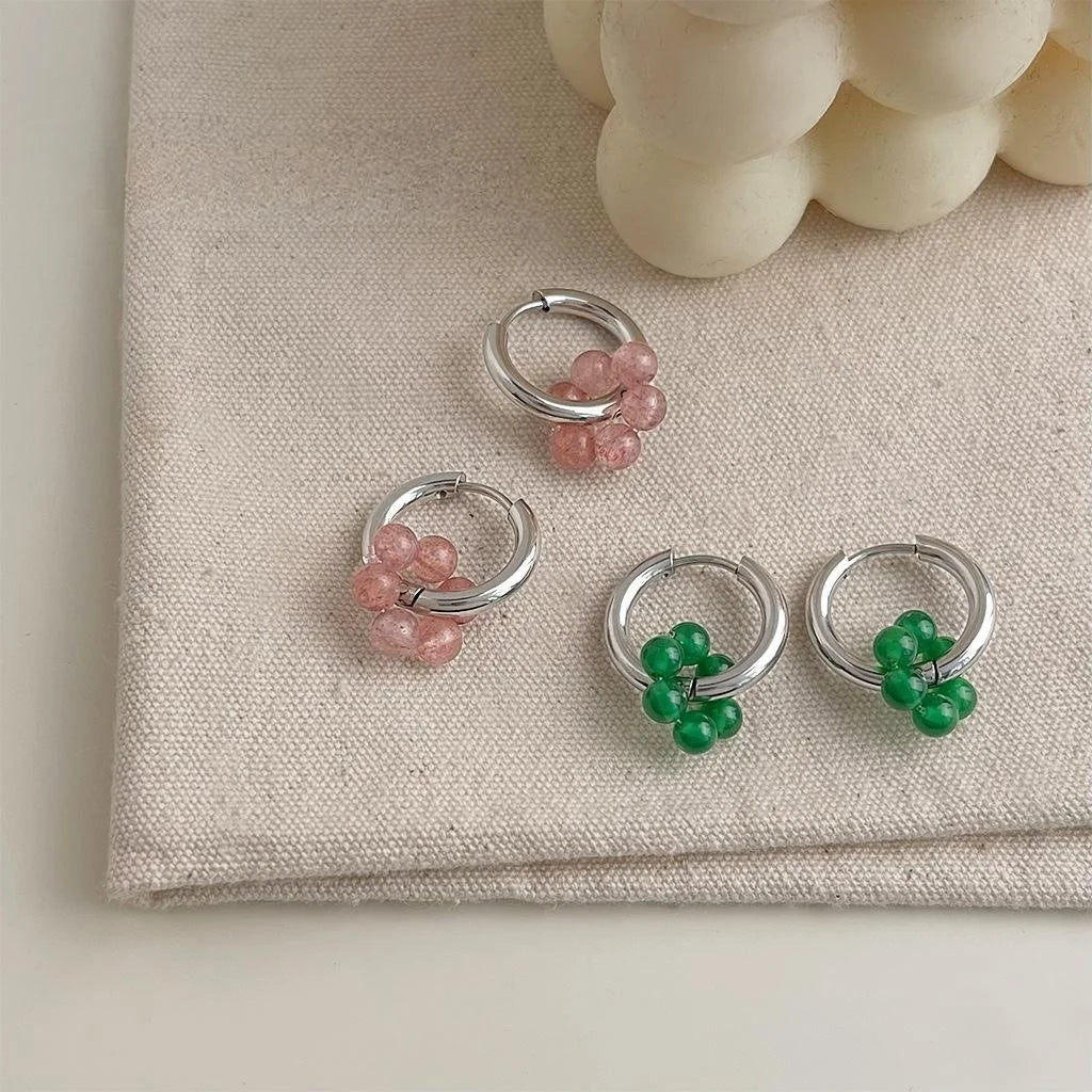 Handmade Strawberry Quartz Chalcedony Geometric Round Drop Earrings Niche Designer Style