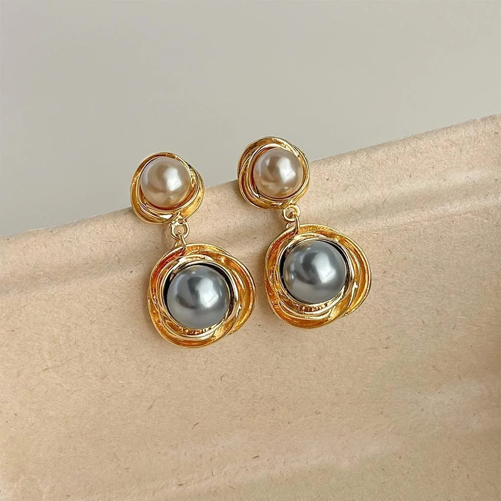 Vintage Hong Kong Style 14K Plated Round Geometric Pearl Drop Earrings For Women