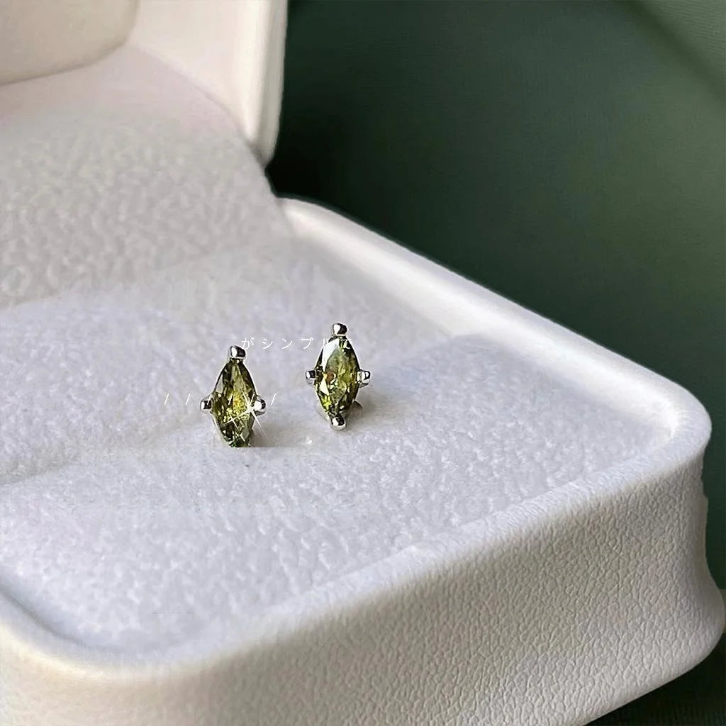 Olive Green Marquise Zircon Copper Stud Earrings Simple Geometric Line Jewelry