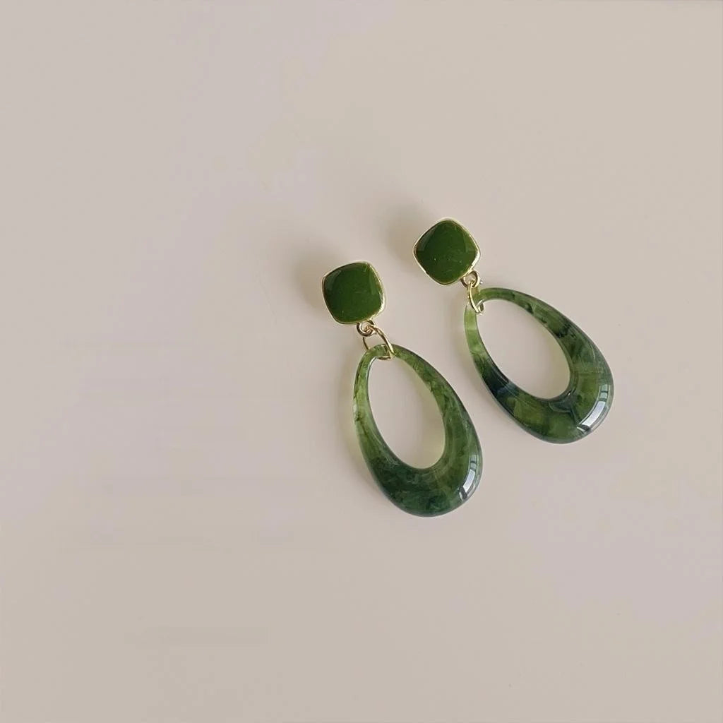 Vintage Green Gradient Acrylic Oval Drop Earrings With Silver Plated Pins