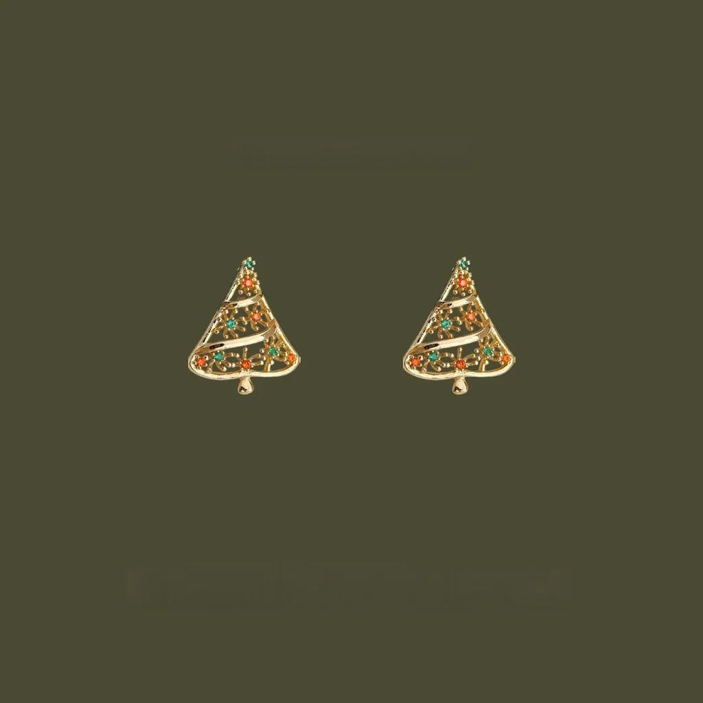 Christmas Tree Stud Earrings Micro Pave Zircon Hollow Copper Red Green Holiday Jewelry