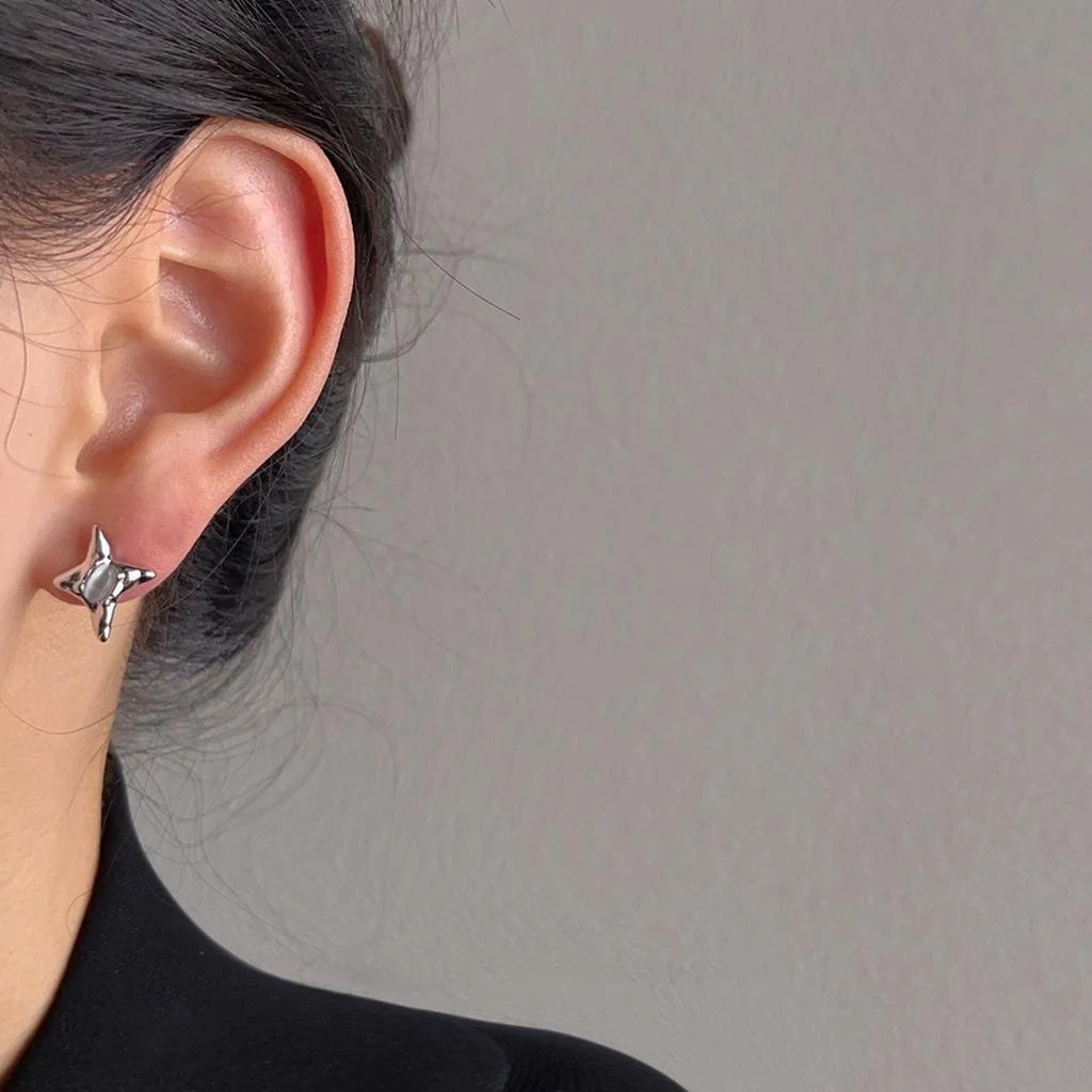Sweet Cool Asymmetric Glass Cat Eye Five Point Star Copper Stud Earrings With Silver Plated Posts