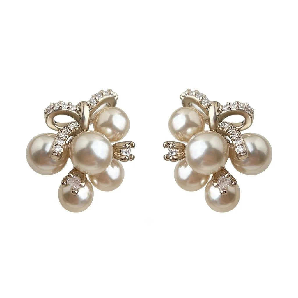 Light Luxury Coffee Gold Pearl Grape Cluster Zircon Micro Pave Stud Earrings For Women