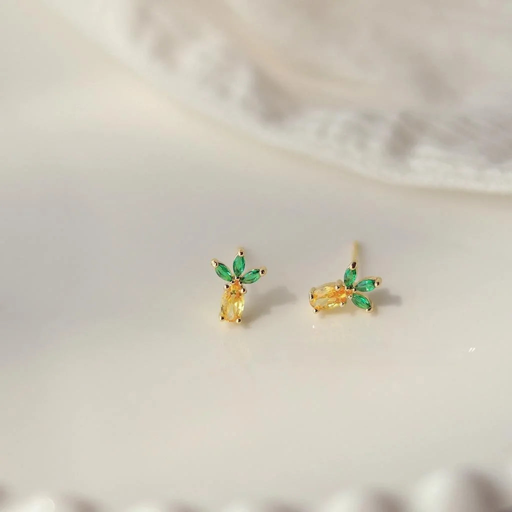 14K Gold Plated Copper Fruit Stud Earrings With Colorful Zircon, Korean Sweet Mini Jewelry
