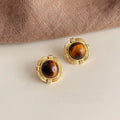 14K Gold Plated Copper Tiger Eye Stone Geometric Round Stud Earrings French Luxury Style