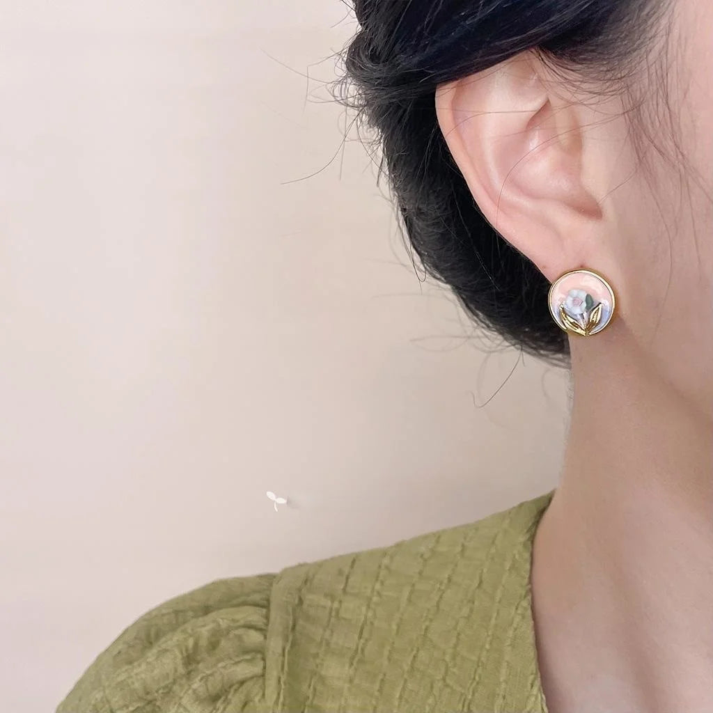 14K Gold Plated Copper Ceramic Geometric Flower Stud Earrings Fresh Sweet Enamel Style
