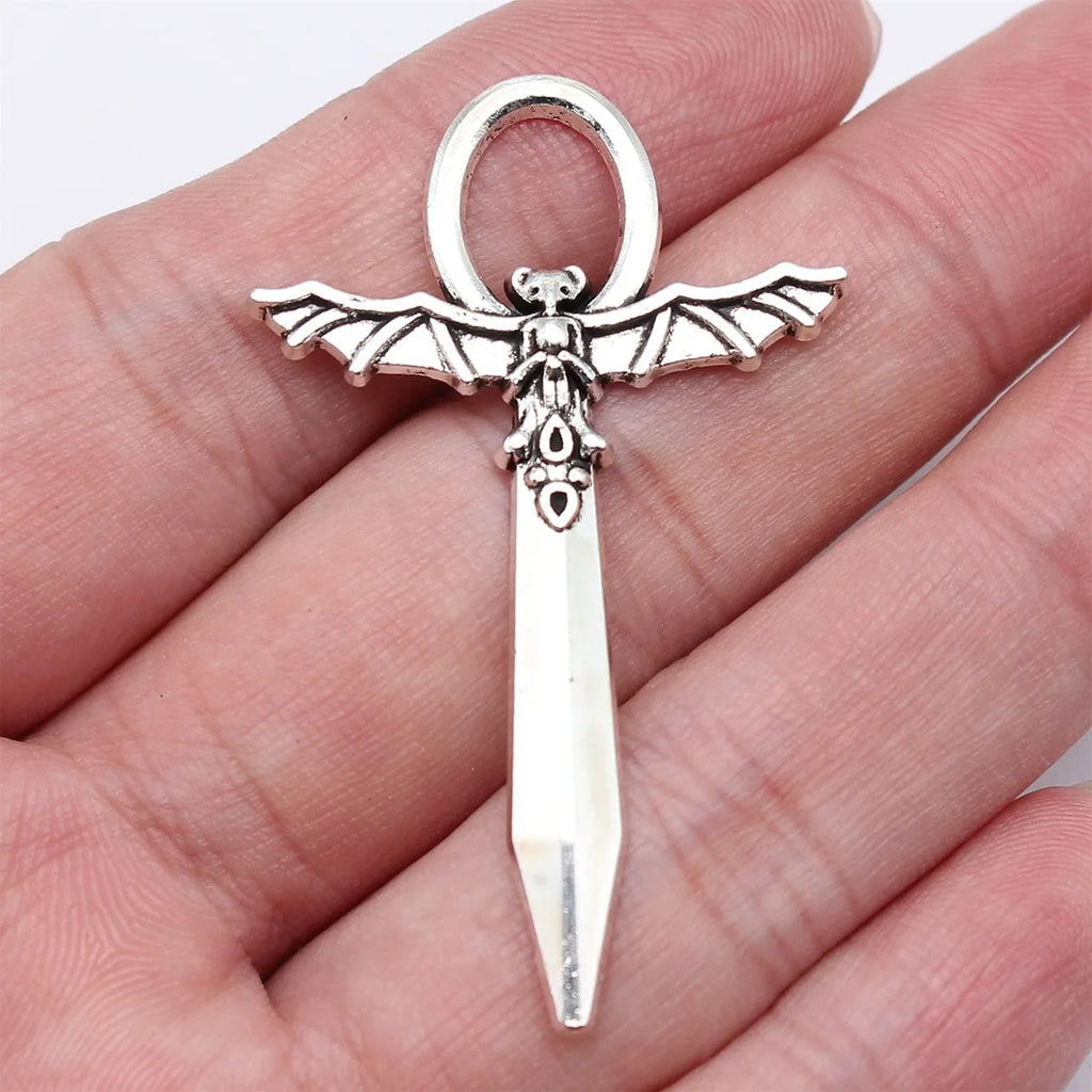 50x31mm 3.4g Antique Silver Zinc Alloy Gothic Bat Long Sword Cross Charm Pendant for DIY Jewelry