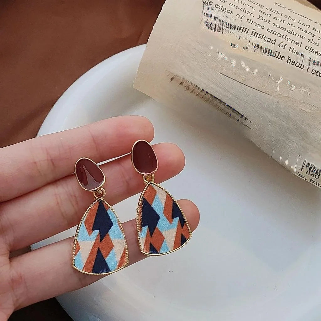 Artistic Hong Kong Style Colorblock Velvet Enamel Geometric Metal Stud Earrings