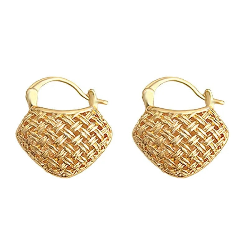 Korean Style 14K Gold Plated Hollow Woven Handbag Geometric Line Copper Stud Earrings