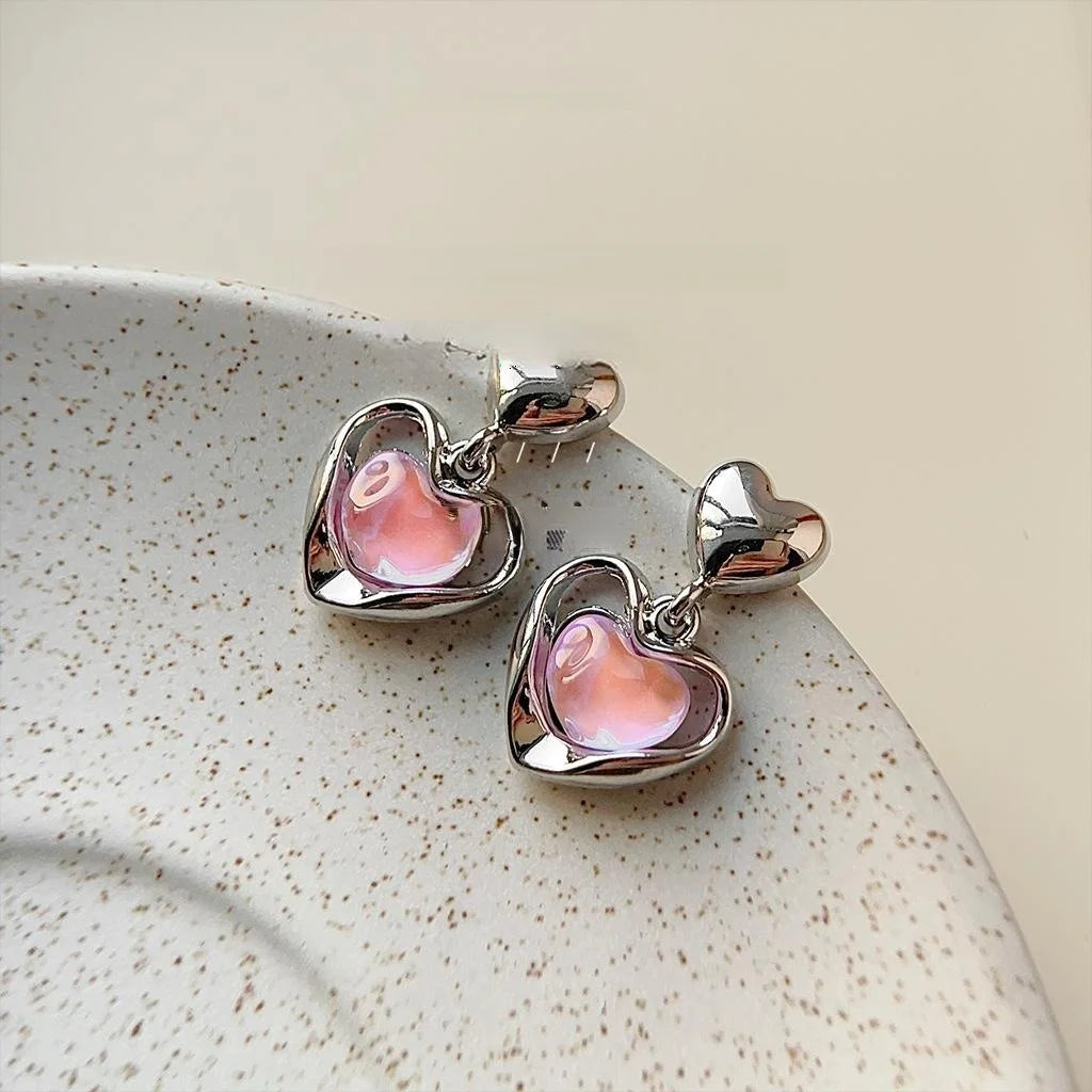 Sweet Cool Iridescent Heart Copper Drop Earrings For Women Niche Designer Jewelry