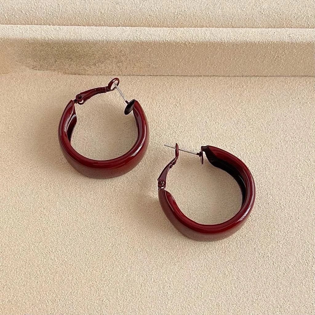 Red Enamel Metal Large Hoop Drop Earrings Geometric Round Retro Hong Kong Style Jewelry