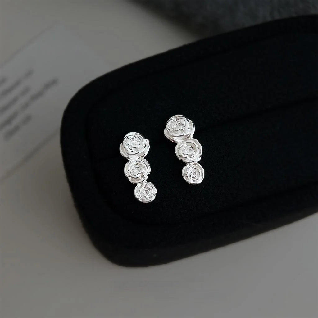 New Chinese Style Silver Rose Stud Earrings Eco-Friendly Copper 3D Floral Minimalist Jewelry