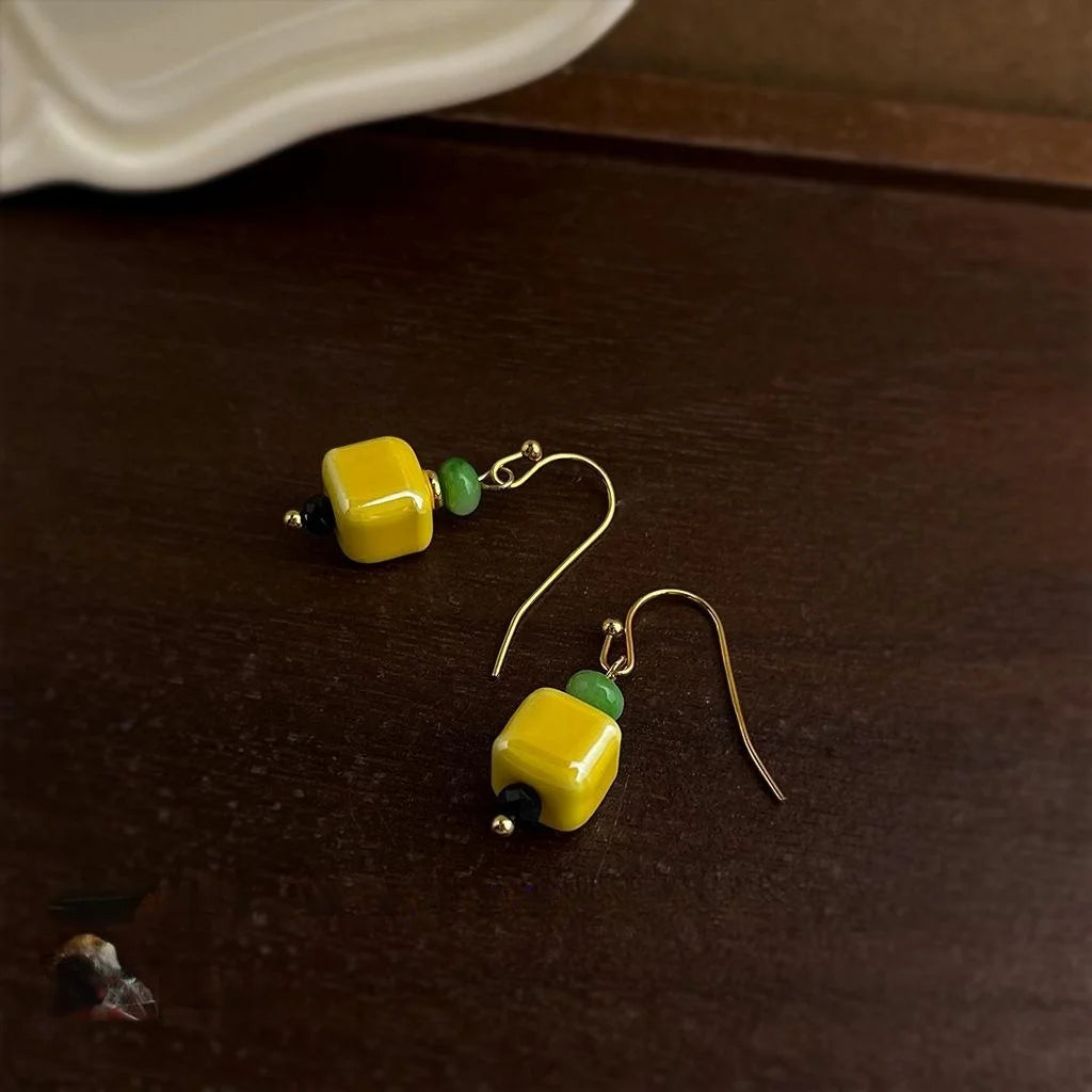 New Chinese Style Yellow Ceramic Geometric Square Handmade Drop Earrings for Women