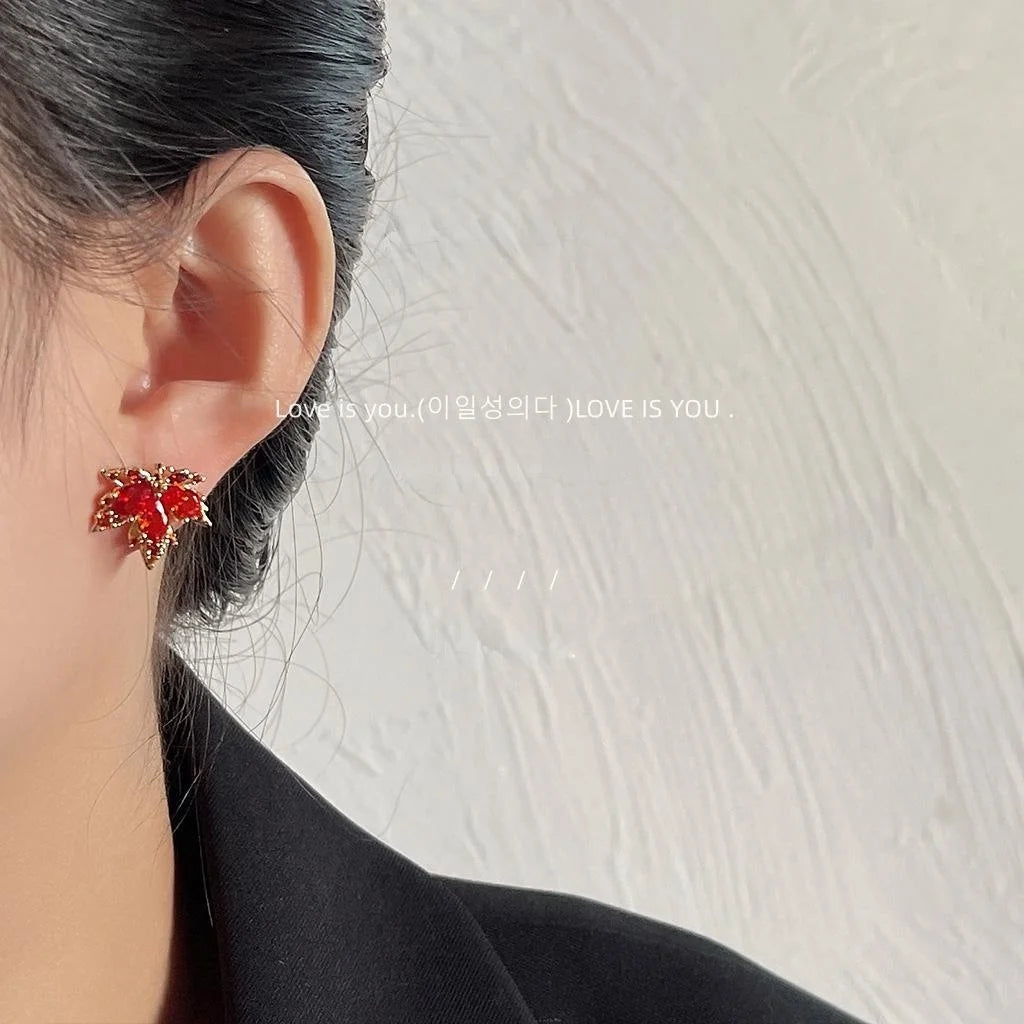 14K Plated Copper Red Maple Leaf Zircon Stud Earrings For Women, Unique Leaf Jewelry