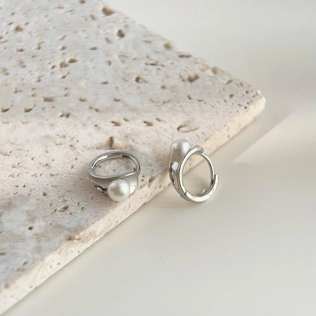 Freshwater Pearl Copper Geometric Hoop Stud Earrings Minimalist Cool Style Jewelry