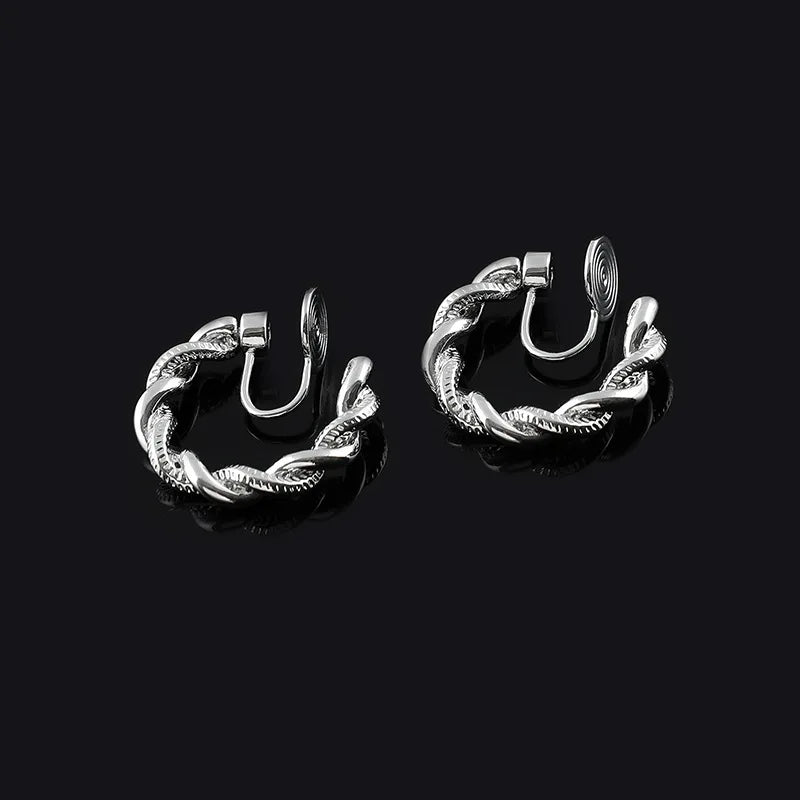Vintage Silver Alloy Twisted Hoop Spiral Circle Stud & Clip On No Piercing Women's Fashion Earrings