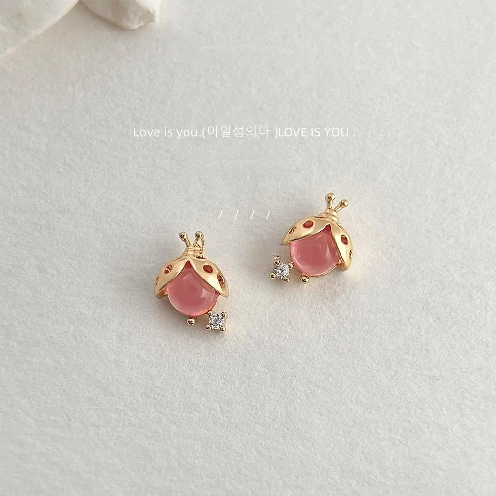 Mini Beetle Stud Earrings 14K Gold Plated Copper Micro Pave Zircon Cute Sweet Forest Style