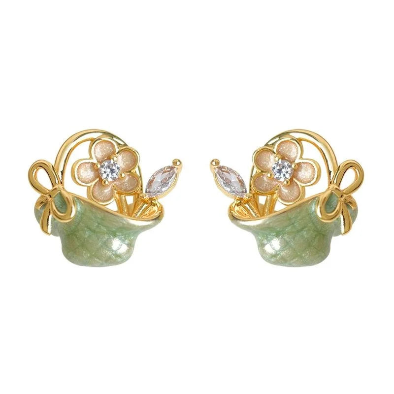 Pastoral Floral Basket Hand Painted Enamel Copper Zircon Stud Earrings