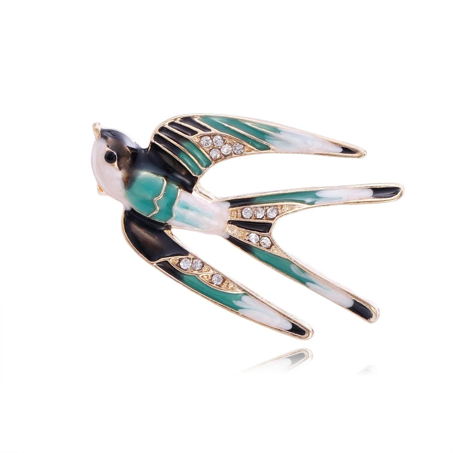 Elegant Enamel Swallow Bird Brooch With Rhinestone Accents, Gold Tone Alloy Lapel Pin Corsage Gift
