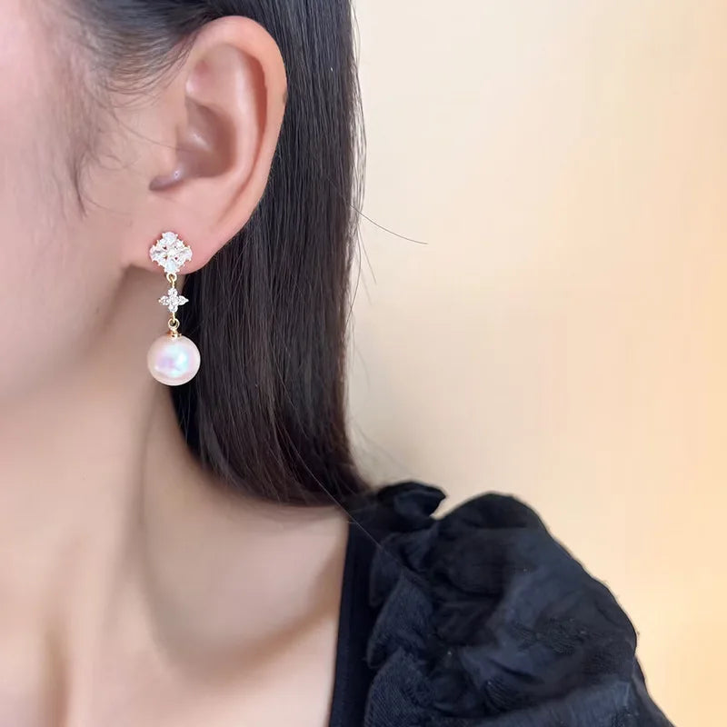 Elegant Gold Tone Flower Zircon Faux Pearl Long Drop Stud & Clip On No Piercing Dangle Earrings