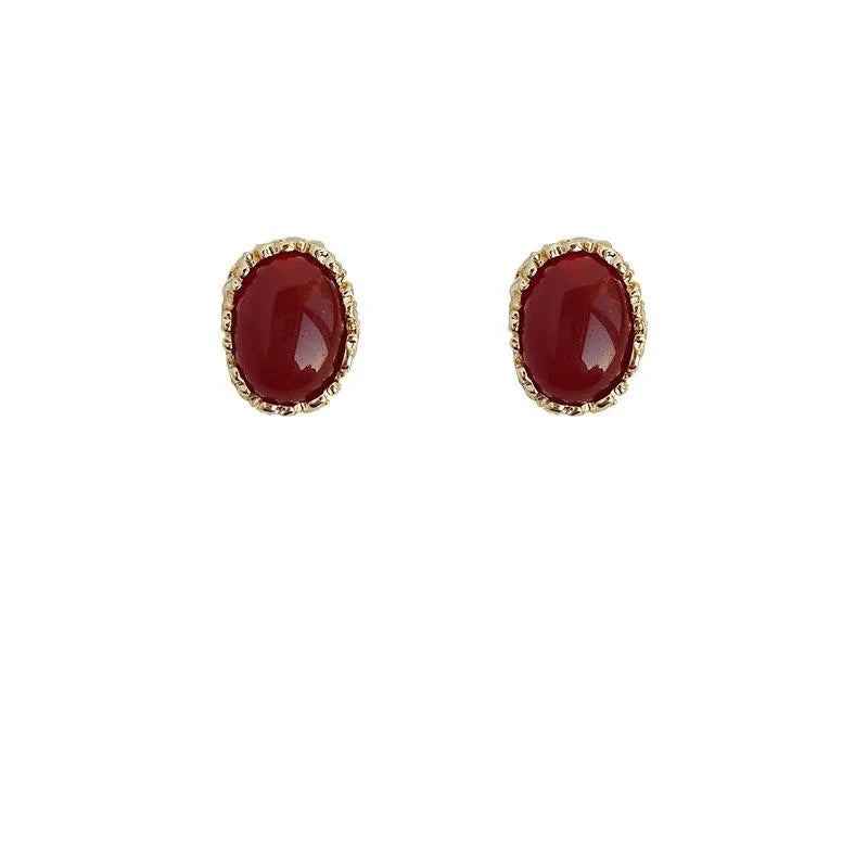 French Vintage Alloy Red Heart Geometric Stud Earrings Elegant Hong Kong Style Jewelry